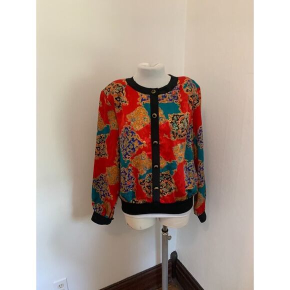 VTG Notations Versace Look Jacket Top 16W Red Satin Abstract Ornate Button Crop - Picture 12 of 16